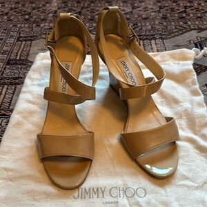 Jimmy Choo Nude Patent Leather Fearne Wedge Heels Crossover Strap Size 40